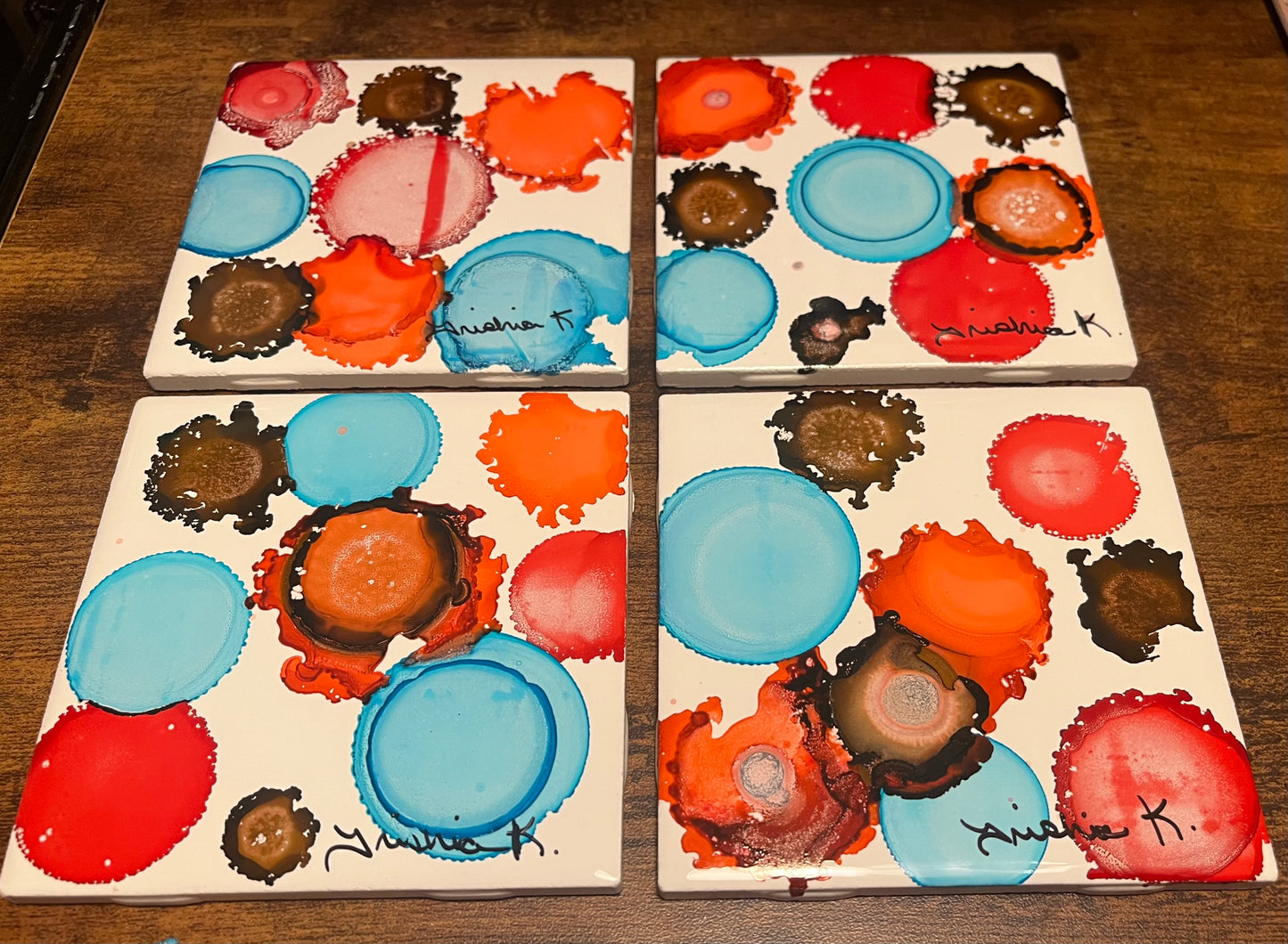 Abstract Drink Coaster Artist Painted Tiles Blue / Turquoise / Red / Orange / Brown
