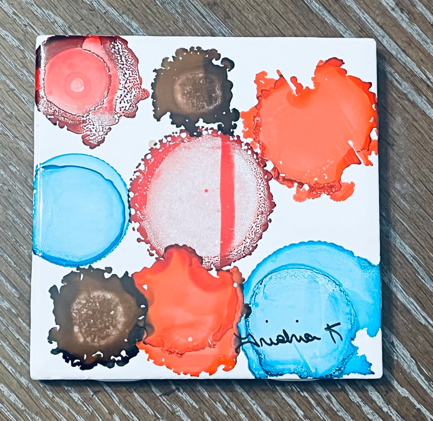 Abstract Drink Coaster Artist Painted Tiles Blue / Turquoise / Red / Orange / Brown
