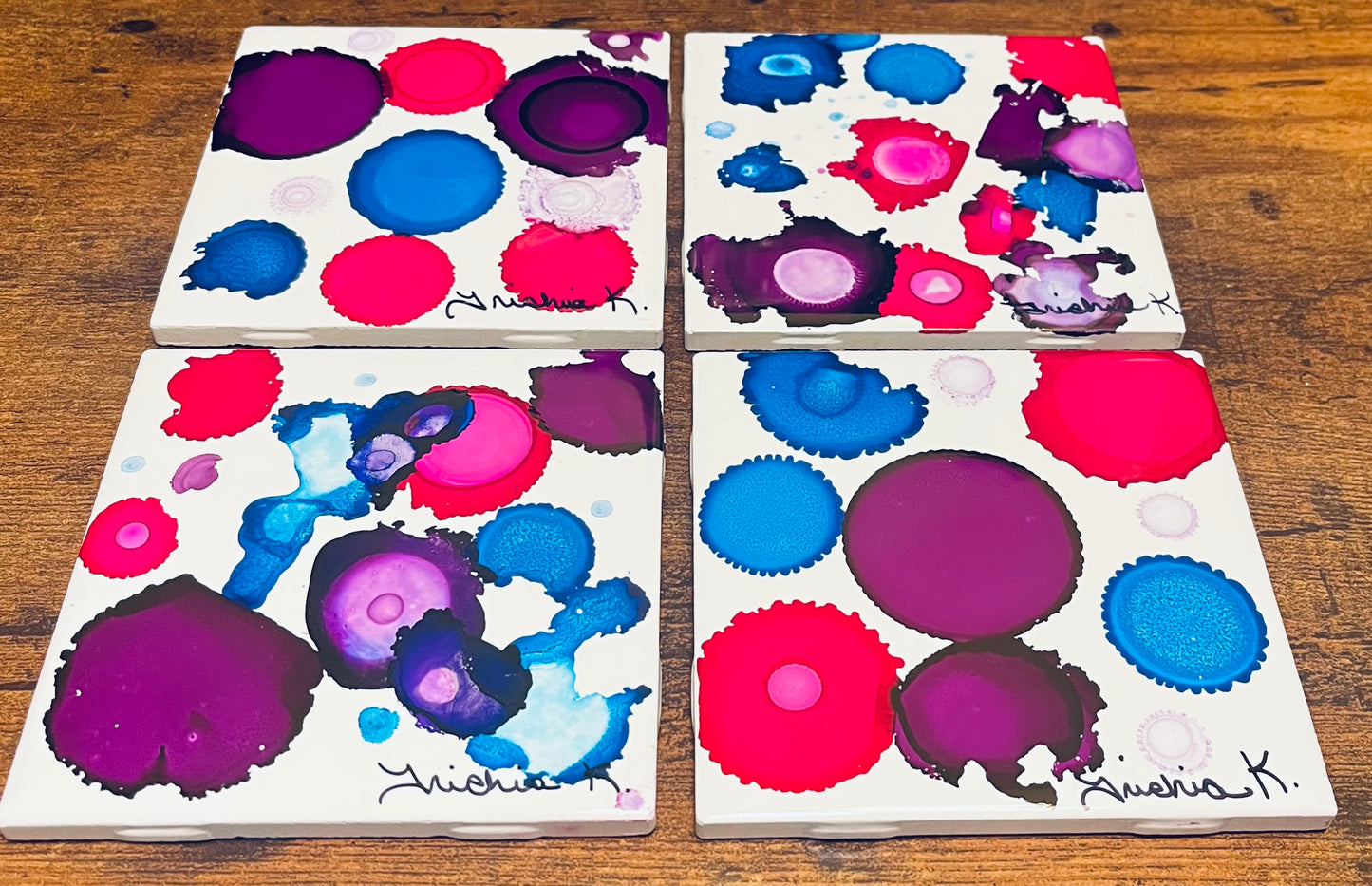 Abstract Drink Coaster Artist Painted Tiles Blue / Pink / Purple