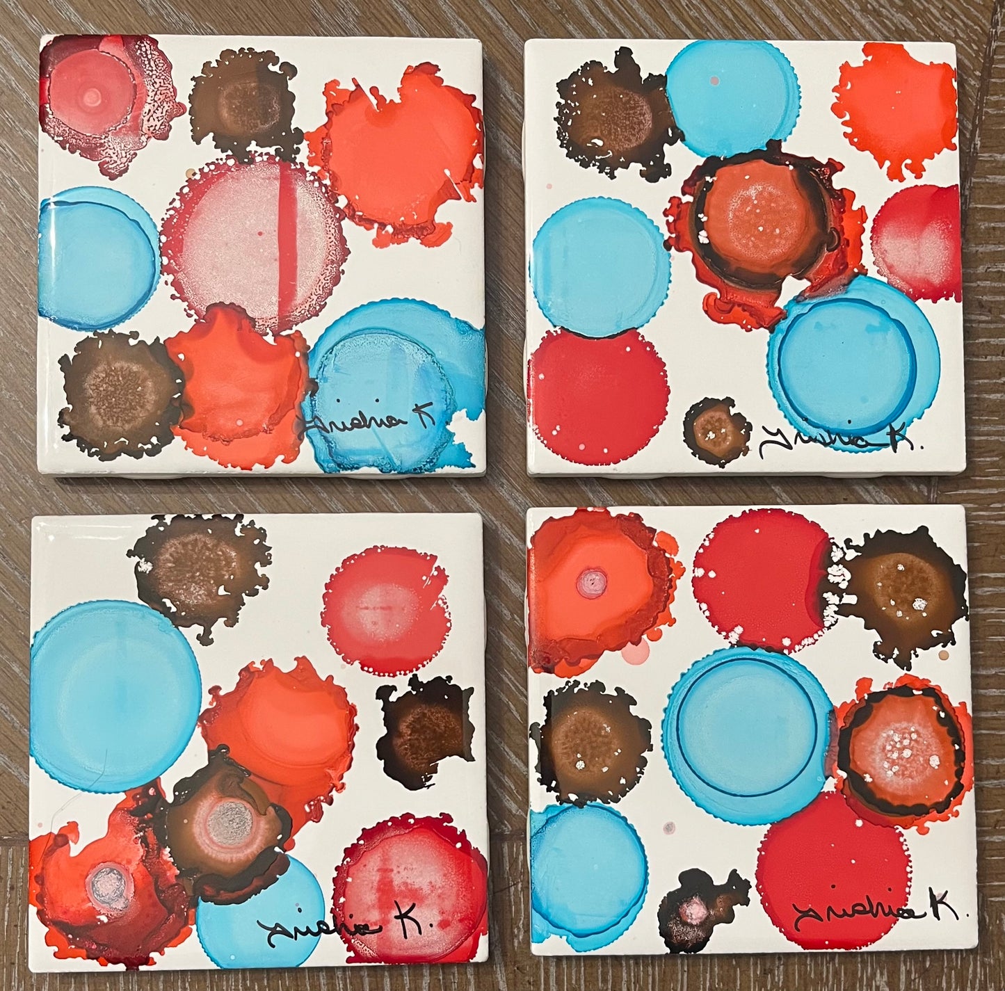 Abstract Drink Coaster Artist Painted Tiles Blue / Turquoise / Red / Orange / Brown