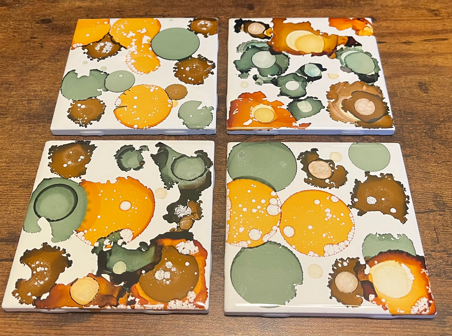Abstract Drink Coaster Artist Painted Tiles Green / Brown / Yellow