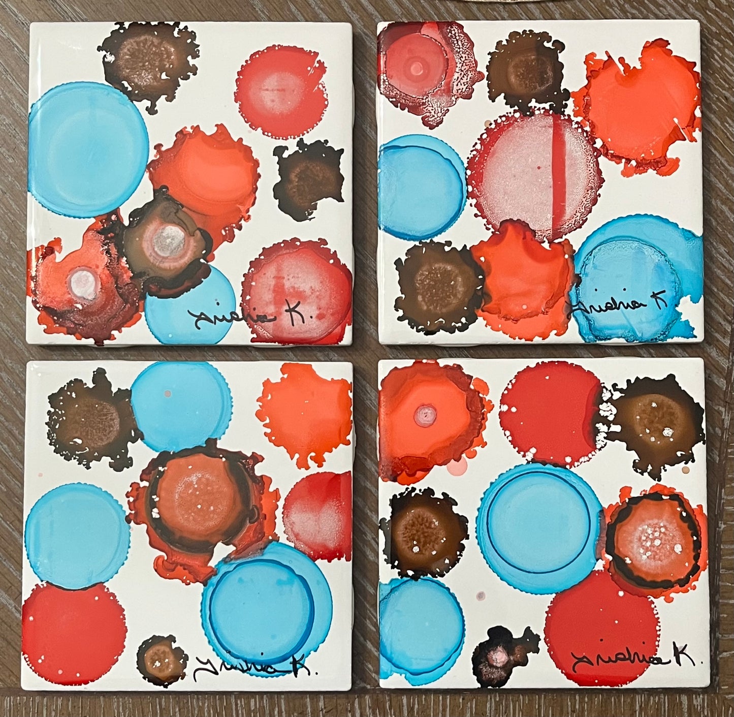 Abstract Drink Coaster Artist Painted Tiles Blue / Turquoise / Red / Orange / Brown