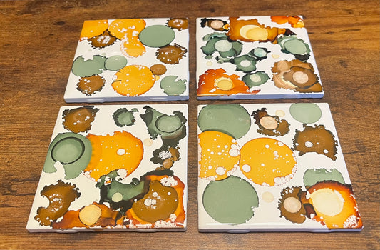 Abstract Drink Coaster Artist Painted Tiles Green / Brown / Yellow